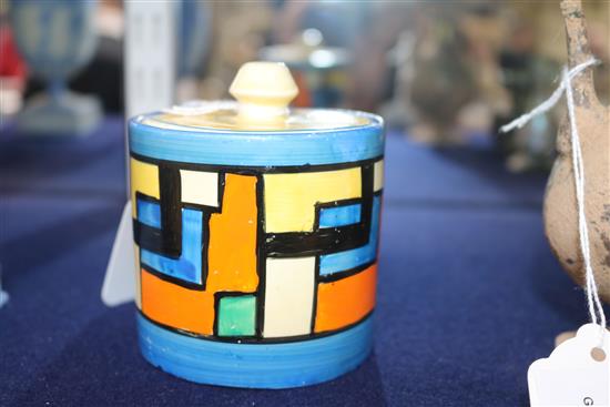 A Clarice Cliff Mondrian preserve pot and cover height 9cm